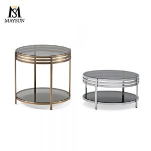 Retro style detachable double glass side table round stainless steel coffee table