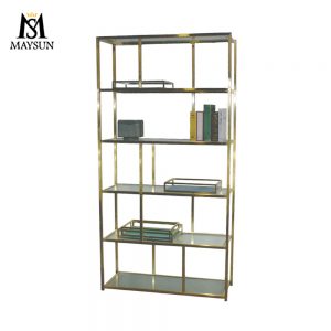 Modern light luxury gold stainless steel display stand,glass laminated bookshelf