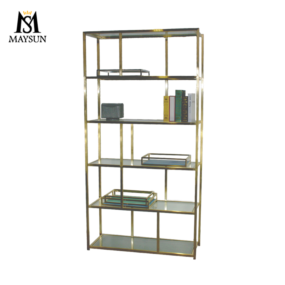 Modern light luxury gold stainless steel display stand,glass laminated bookshelf