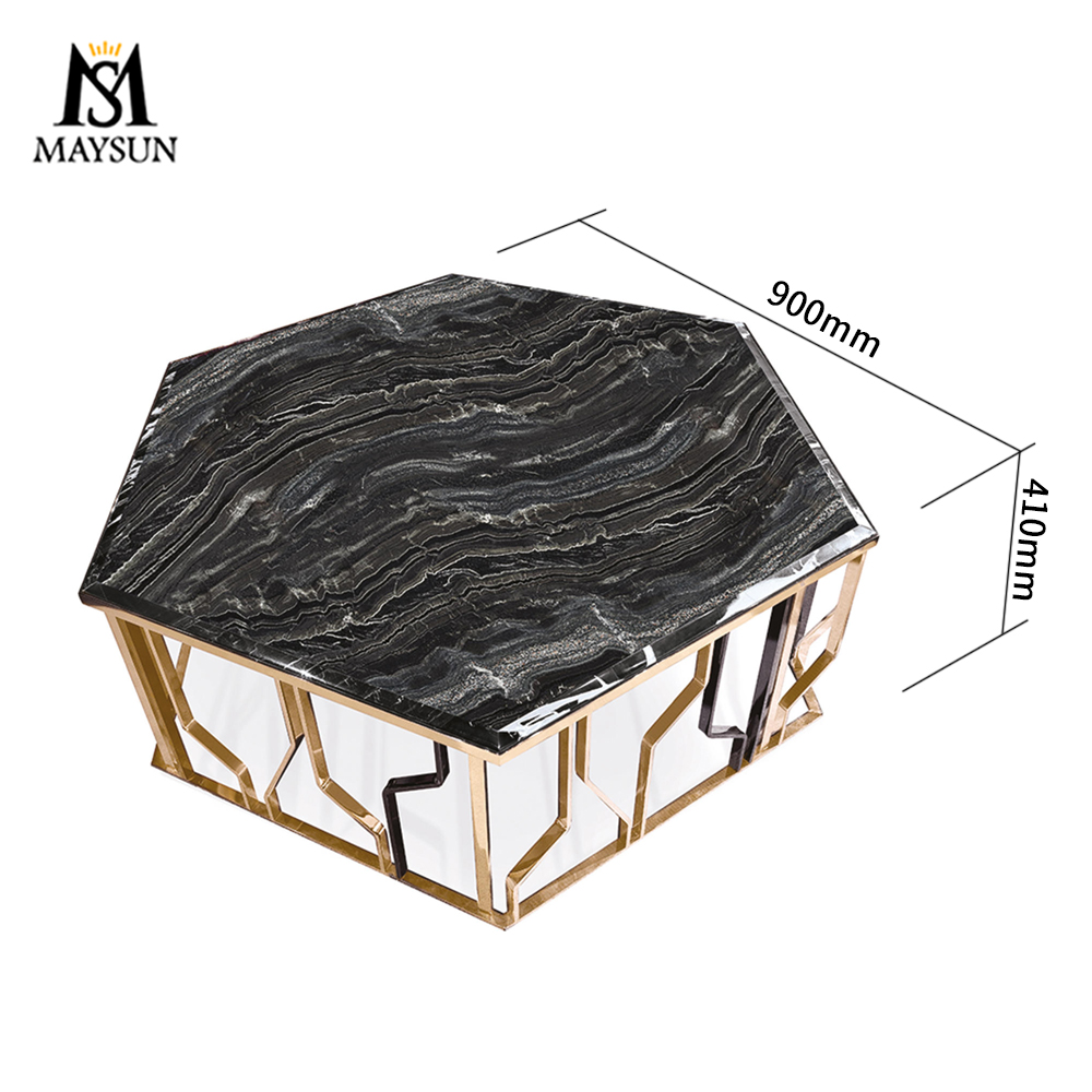 Modern luxury fashion polychrome metal hexagonal marble coffee table - Image 2