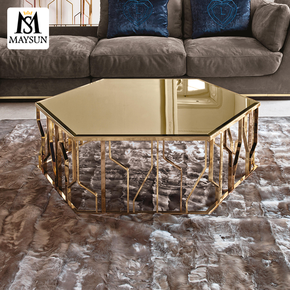 Modern luxury fashion polychrome metal hexagonal marble coffee table - Image 3
