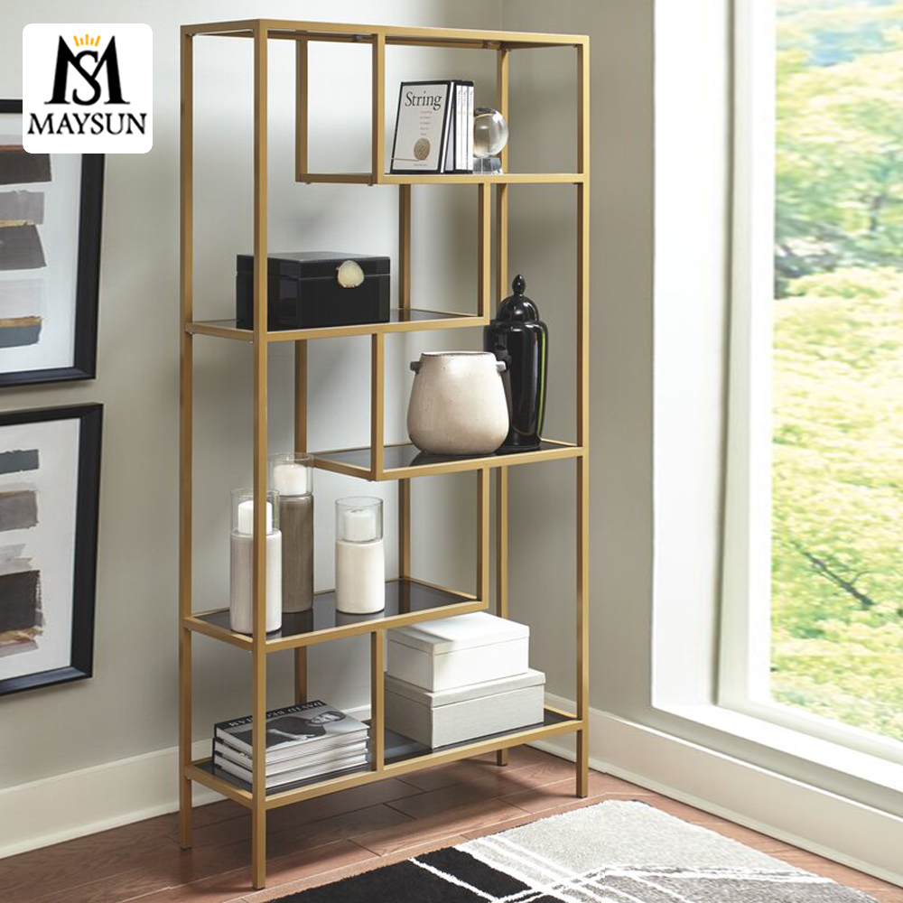 Modern light luxury gold stainless steel display stand,glass laminated bookshelf - Image 3