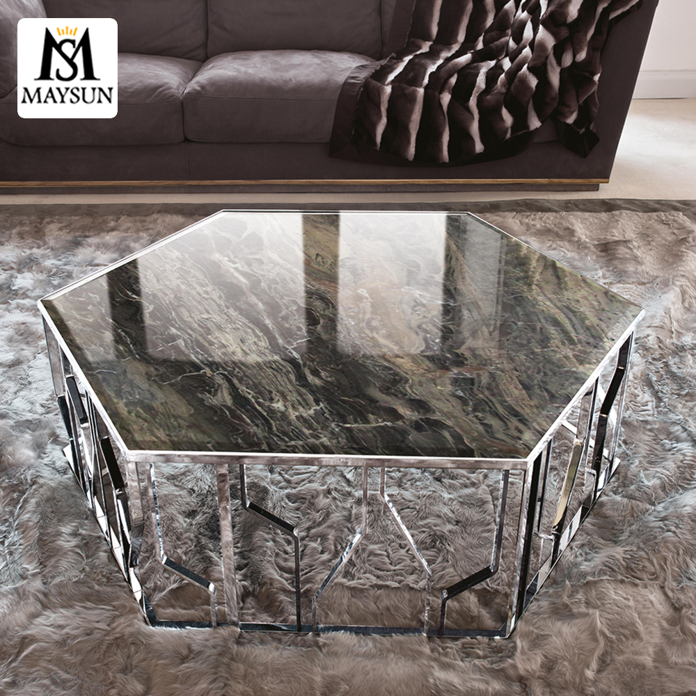 Modern luxury fashion polychrome metal hexagonal marble coffee table - Image 4