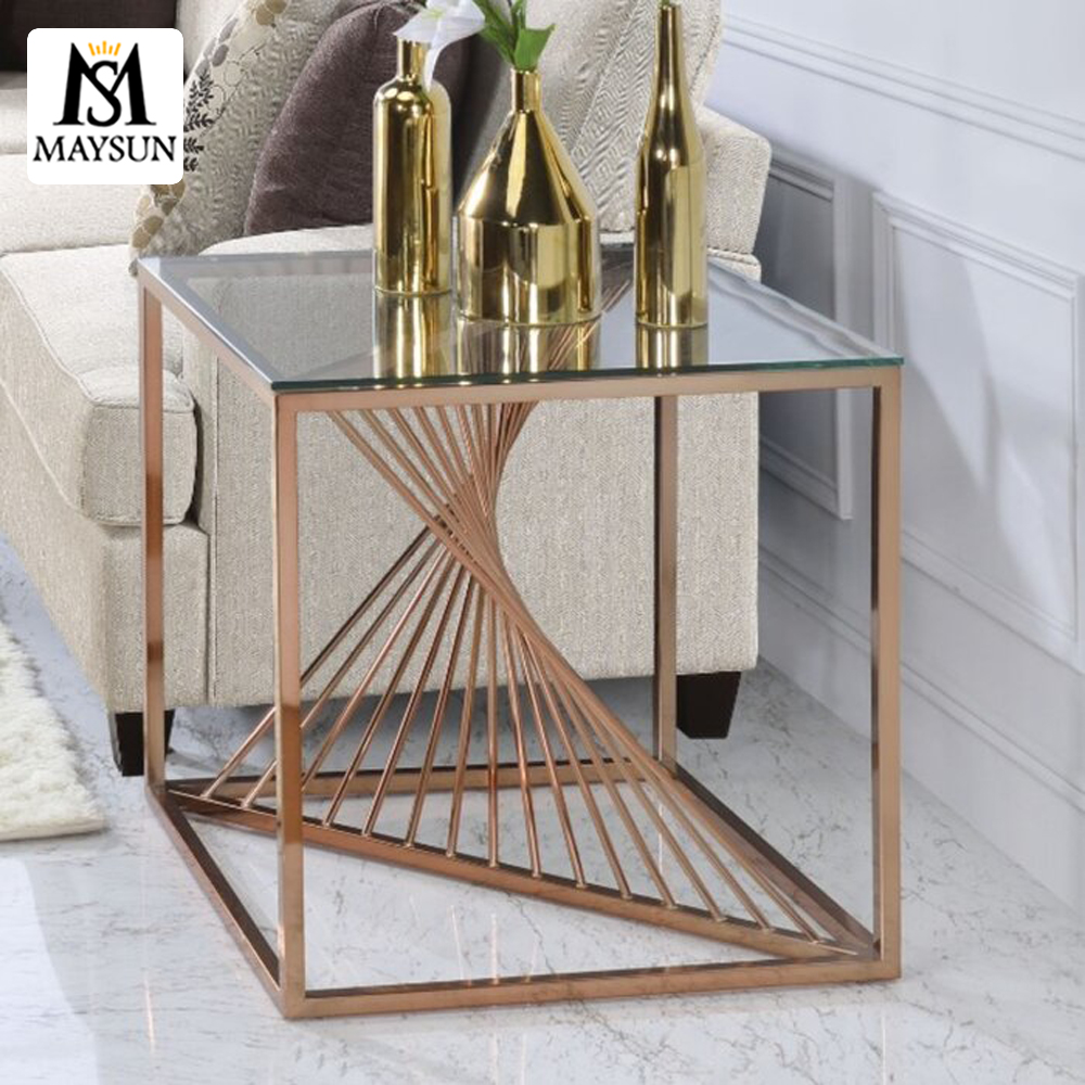 Modern fashion dynamic stainless steel square glass side table bedside table - Image 4