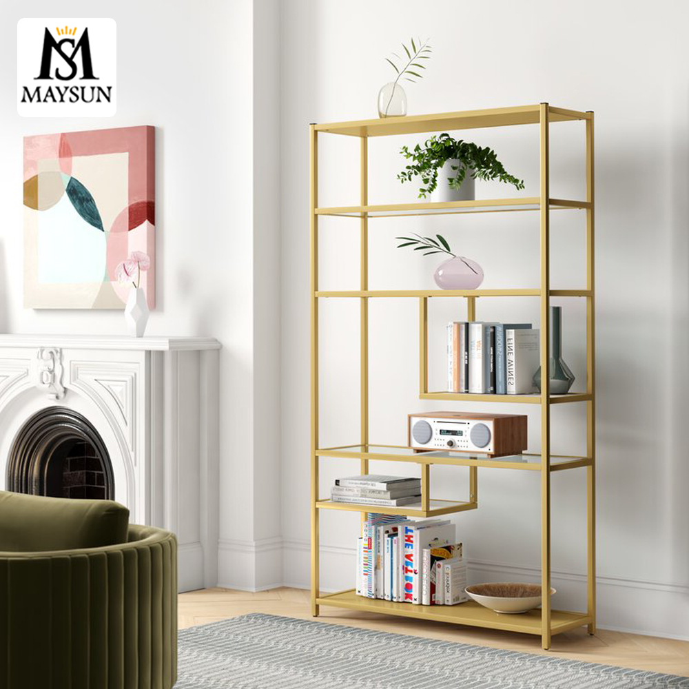 Modern light luxury gold stainless steel display stand,glass laminated bookshelf - Image 4