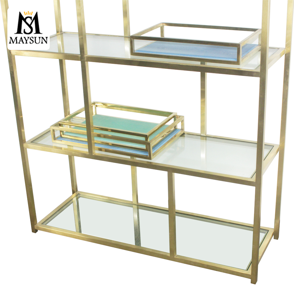 Modern light luxury gold stainless steel display stand,glass laminated bookshelf - Image 5