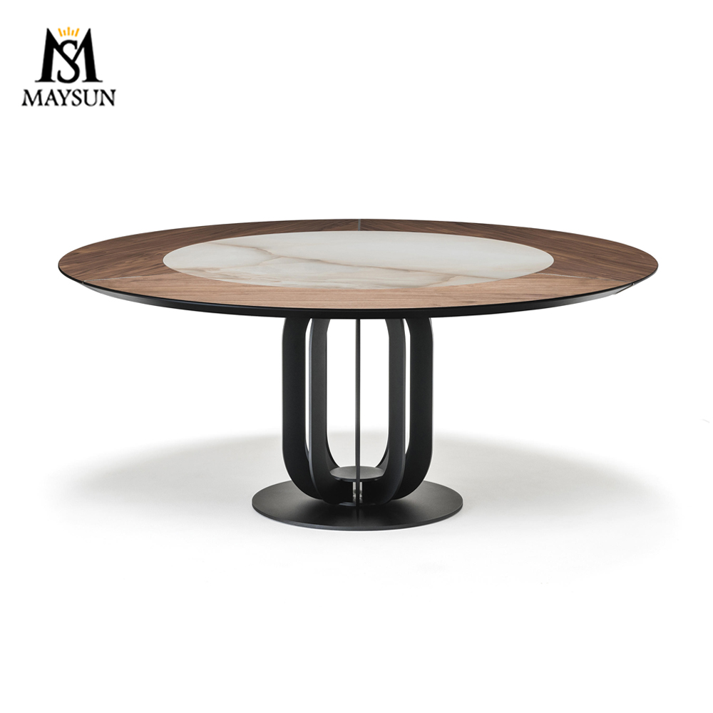 Modern iron frame wood and stone nested feature round table