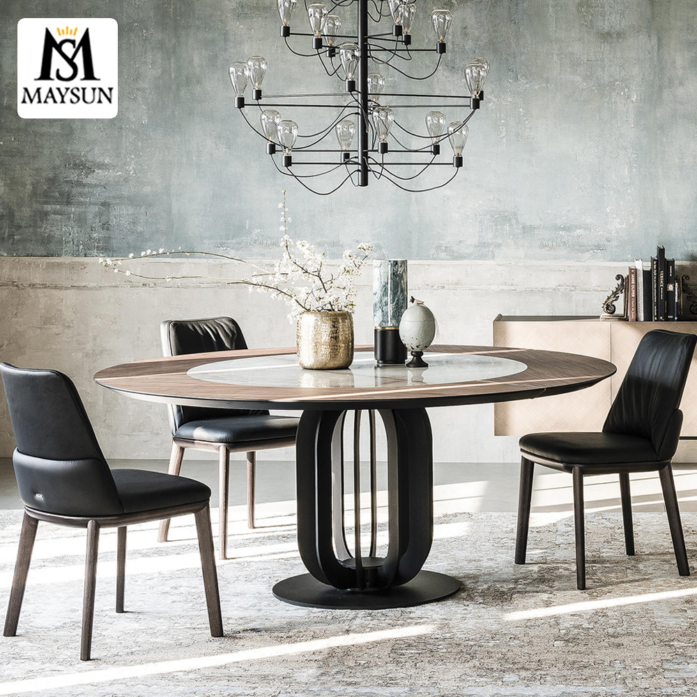 Modern iron frame wood and stone nested feature round table - Image 3