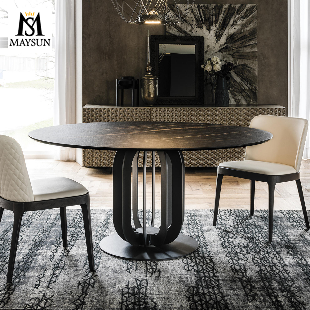 Modern iron frame wood and stone nested feature round table - Image 4