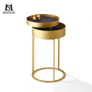 Metal iron matte finish gold round double rotating bedside table