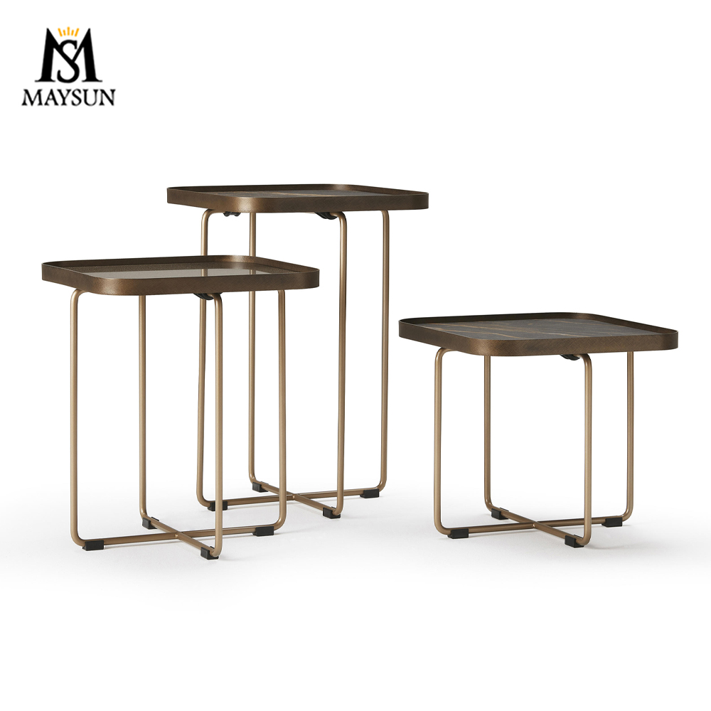 Vintage brass cross steel bar construction ceramic square top side table or coffee table